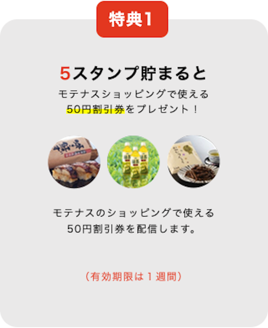 特典1 5スタンプ貯まると モテナスショッピングで使える 50円割引券をプレゼント!モテナスのショッピングで使える 50円割引券を配信します。(有効期限は1週間)